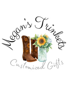 Welcome to Megan's Trinkets! We offer customized tumblers/pens/shirts and more!!! Due to Hurricane Ian we currently have no running water or power all orders are on delay RTS items will ship as soon as I can print labels. Other items I need power to make