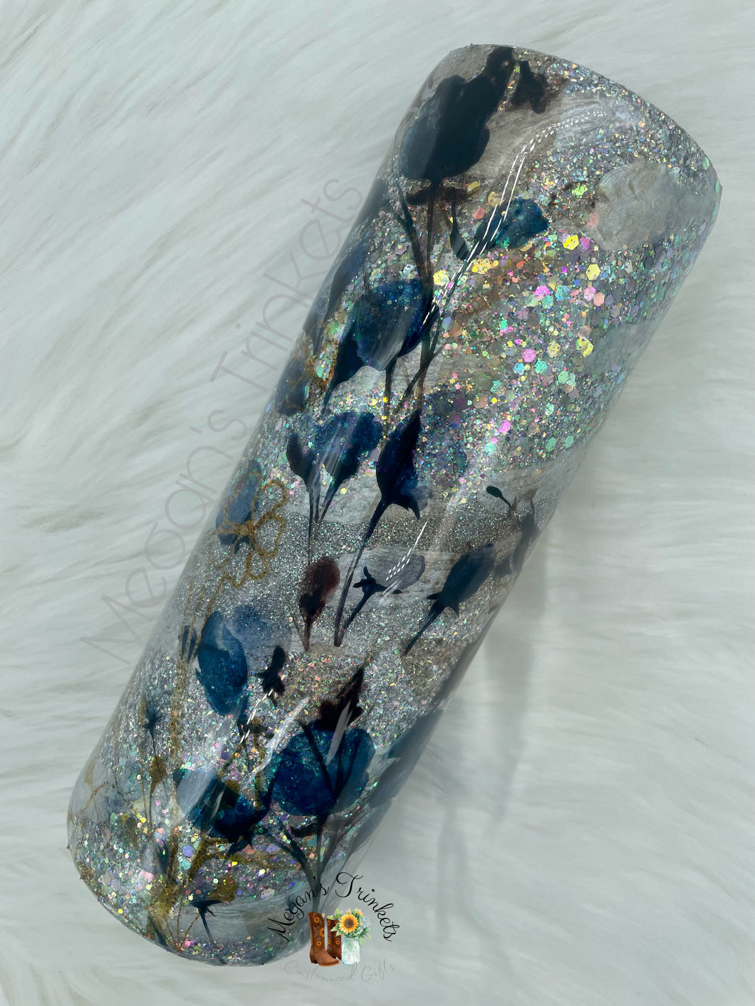 Blue Floral Glitter Swirl Tumbler